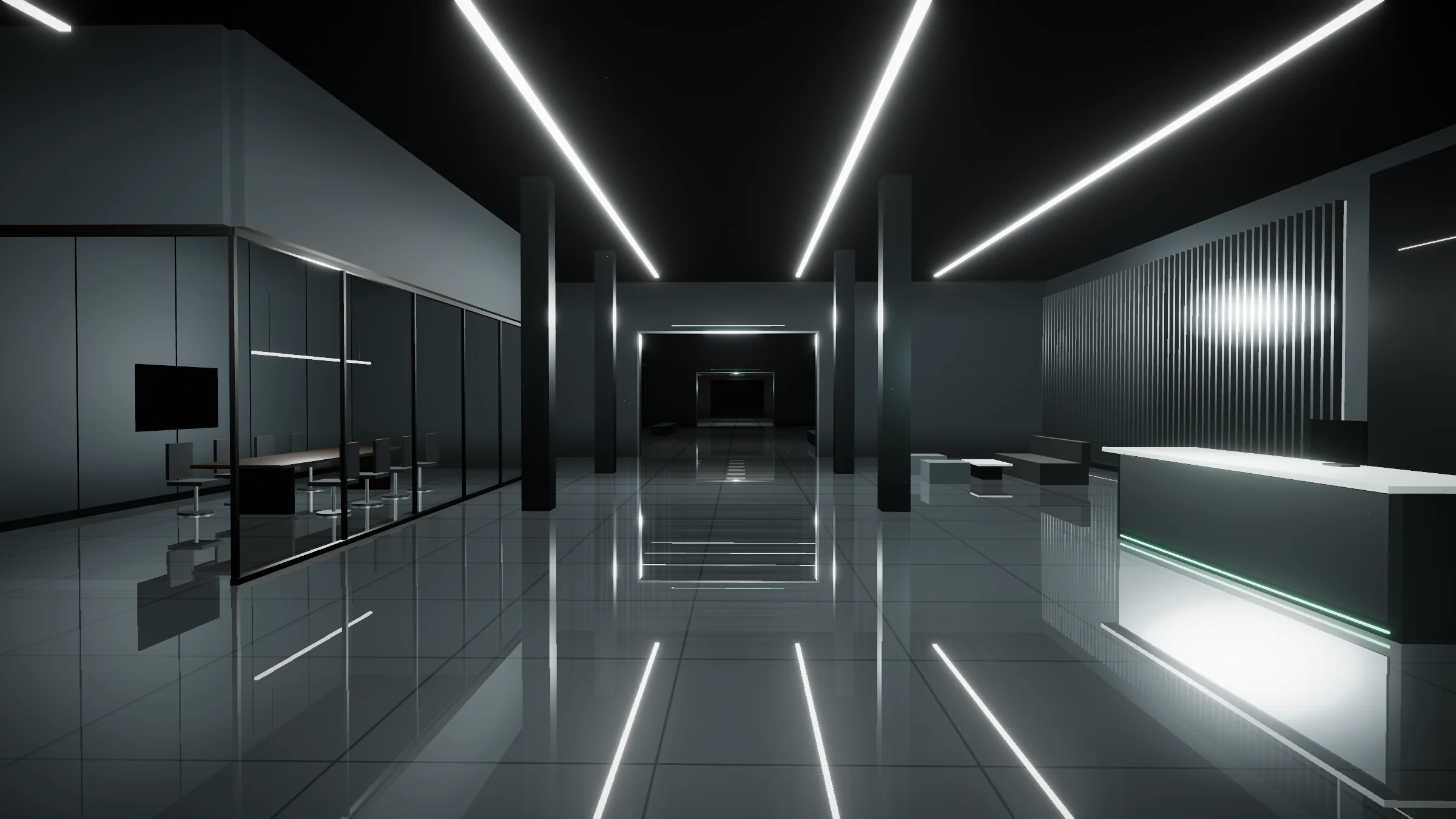 The same commercial lobby after Eco North service: glossy floor, clear glass, and bright lighting