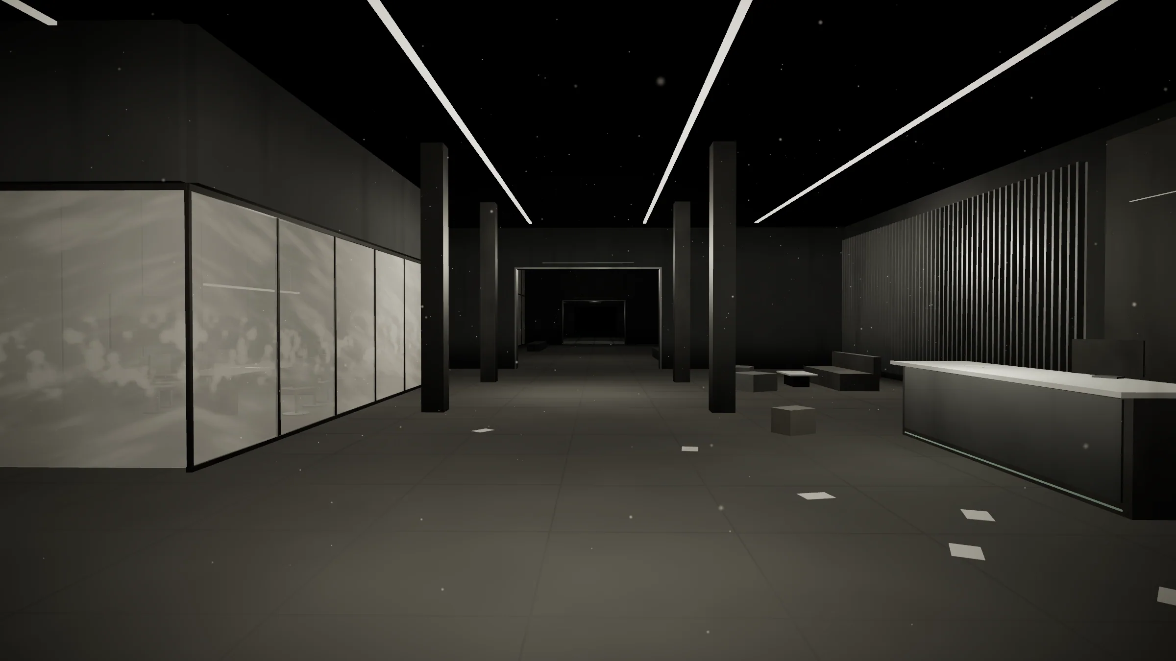 Commercial lobby before service: dull floor, hazy glass, and muted lighting